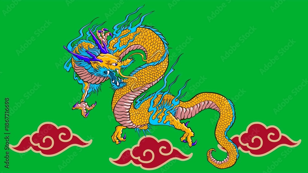 Obraz premium Vibrant Dragon Illustration on Green Background with Red Accents