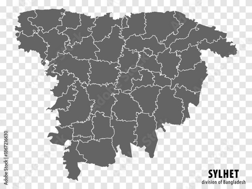 Blank map Sylhet  Division of Bangladesh. High quality map Sylhet  Division with districts on transparent background for your web site design, logo, app, UI.  EPS10.