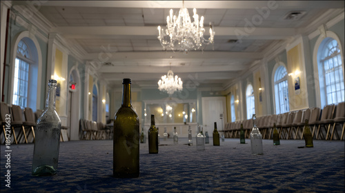 disarranged. An empty grand ballroom in early morning with a lit chandelier and disarranged furniture. real-estate listings.