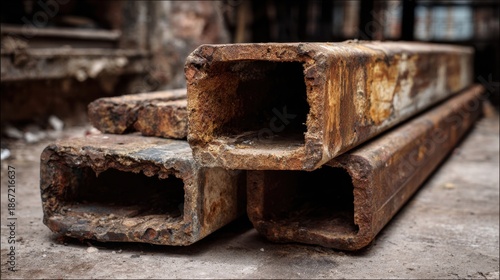 Stacked corroded steel rectangular tubes showing heavy rust and decay metal