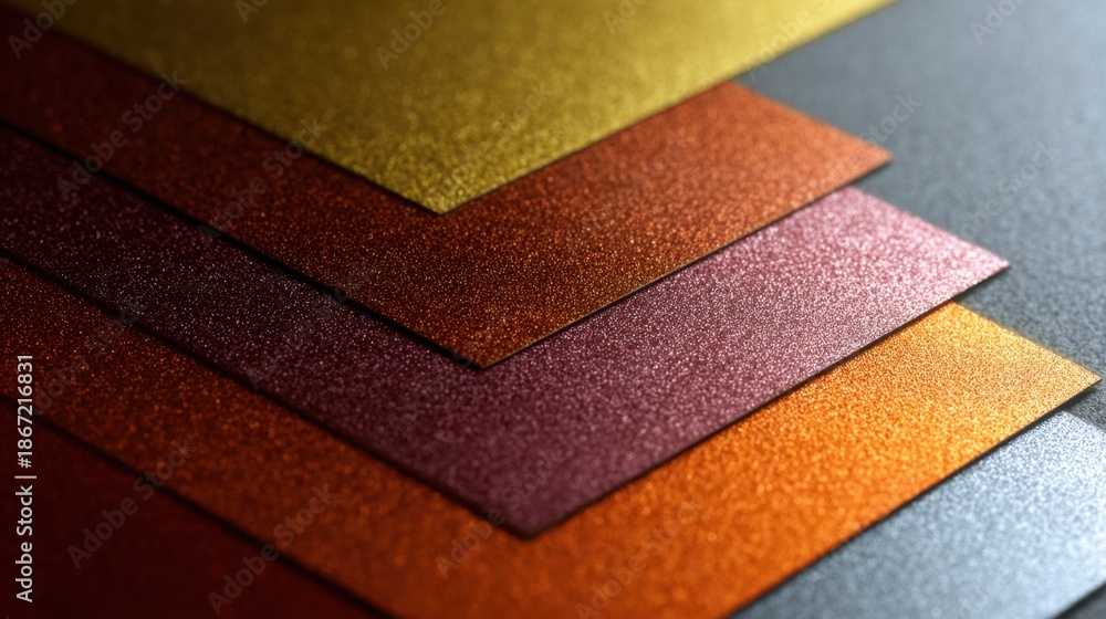 Fototapeta premium A stack of shimmering metallic textured papers in shades of gold orange red and purple