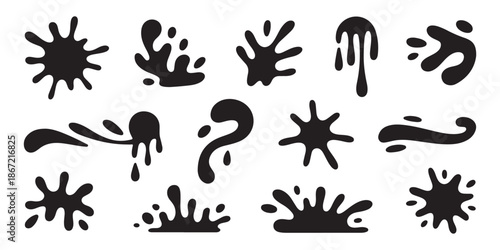 Black ink splatters and drops set abstract liquid shapes for creative graphic design projects