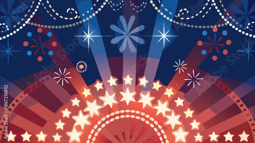 Festive patriotic background with stars, fireworks, and red and blue color scheme design illustration