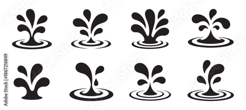 Water splash icon set collection with various shapes dynamic movement liquid splatter drop silhouette vector design elements