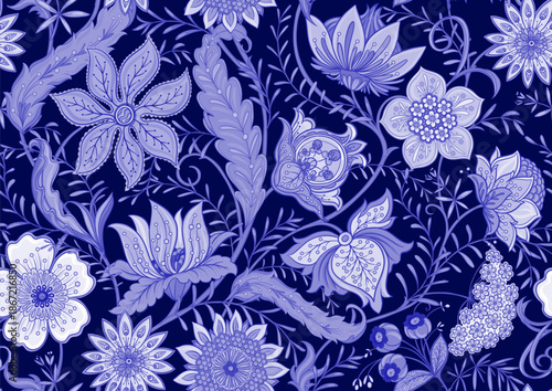 Ornate floral seamless pattern. Elegant hand-drawn botanical motif with intricate repeating layout for textile and wallpaper. Classic flowers and foliage create a refined vintage background.