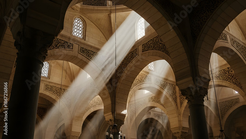 Serene Interior Mosque Arches with Gentle Light Rays