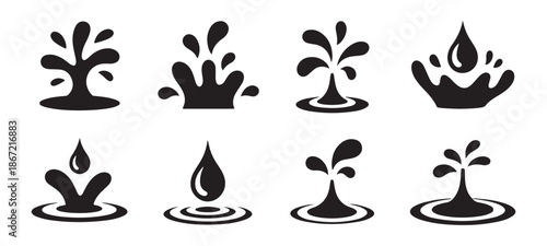 Group of water splashes and drops icons on white background vector art