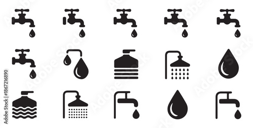 Plumbing and water icons set faucets shower heads drops and soap dispenser vector