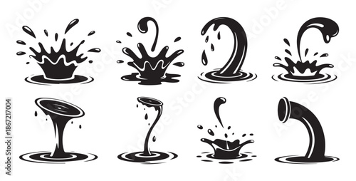 Black oil splash collection with liquid drops and water ripples isolated on white background for industrial design