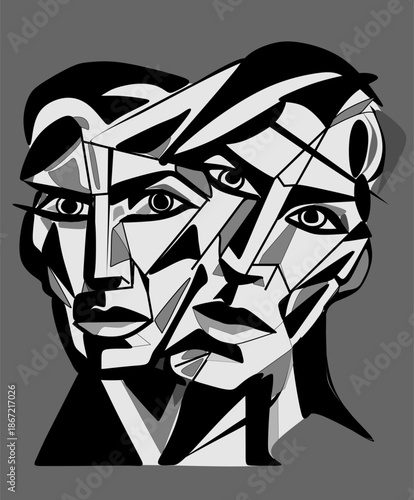 Colorful background, cubism art style,abstracts faces on gray