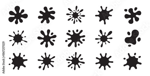 Ink blot collection with various liquid splatter shapes and paint spots isolated for artistic graphic design use