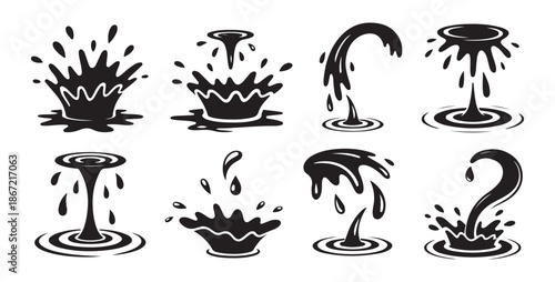Liquid splatter set with black ink splashes and falling droplets for creative artwork isolated on white background