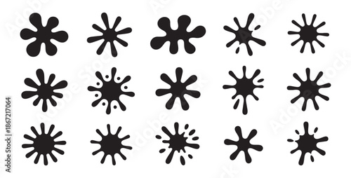 Abstract paint splatter set with organic ink blot shapes and fluid liquid stains isolated on white background file