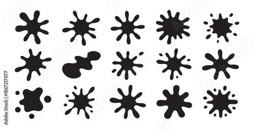 Graphic ink stain collection with liquid splatter blobs and paint drop elements isolated for creative design work