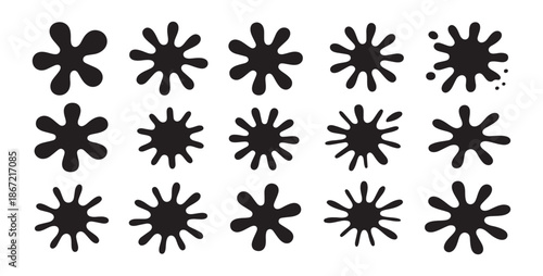 Set of abstract black ink splash elements, fluid and irregular shapes, various forms of paint drops