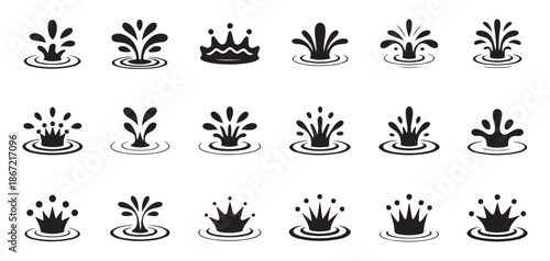 Water splash set, black fluid crown symbols with drops and ripples, various forms of aqua elements