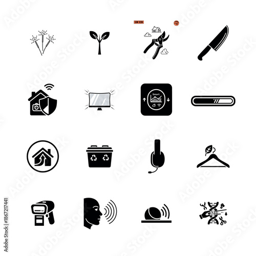 Smart Home and Internet of Things (IoT) Icon Set for Automated Living, Connectivity, and Integrated Household Technology systems