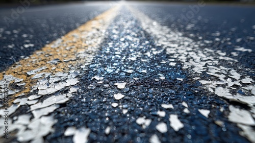 Road marking details: Close-up of road markings, showcasing a faded yellow line, contrasting against weathered asphalt, with textured details suggesting age and use.