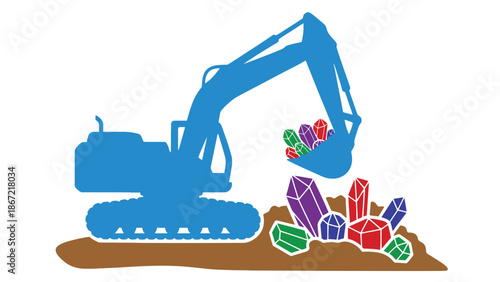 Excavator digging colorful crystals in brown soil