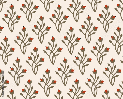 Seamless vector pattern with stylized berry buds and leaves on warm beige background. Minimal flat botanical repeat for fabric, wallpaper, wrapping paper, packaging, stationery, decor.