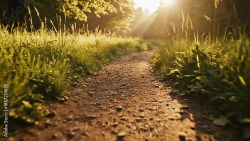 Sunlit Forest Path - A Serene Walk Through Natures Embrace.