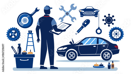 Mechanic inspecting car with tools Vector