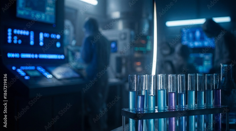 Naklejka premium Glass test tubes with blue liquid stand in a rack against a high-tech laboratory where scientists work. Perfect for illustrating medical research, biotechnology, and science.