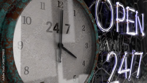 Clock.Open 24 to 7 text neon. Around the clock looping. Market shop advertisment context of business 3d Animation