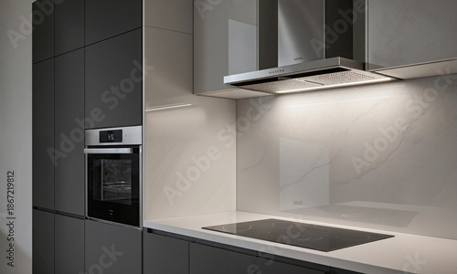 Whisper Kitchen Vent. A ceiling slot hood pulls steam invisibly above a linear cooktop, captured at counter height 50mm. Soft