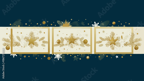 Three golden framed christmas decorations with stars and ornaments on a blue background design art