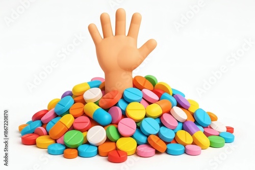 3D Cartoon Hand Reaching Out From a Large Pile of Colorful Pills and Tablets