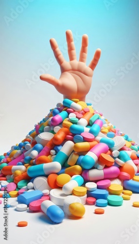 3D Cartoon Hand Reaching Out From a Large Pile of Colorful Pills and Tablets