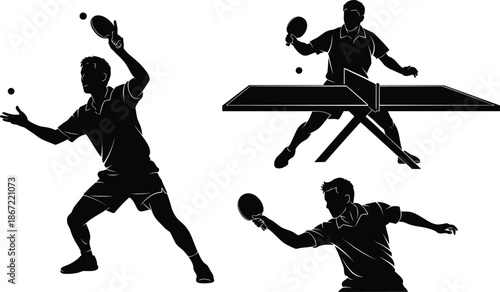 Table tennis silhouette vector set, ping pong action, player poses, paddle movement, sport scene, black design, indoor game, illustration art