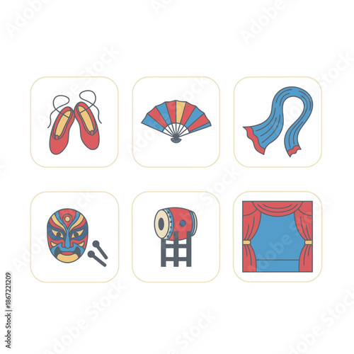 Asian performing arts elements set including red opera shoes folding fan silk scarf traditional mask drum and theater stage curtains