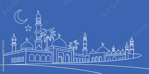 mosque with domes and minarets under crescent moon