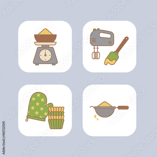 Baking and kitchen equipment set with mechanical scale electric hand mixer spatula oven mitt cupcake liners and flour sifter for cooking