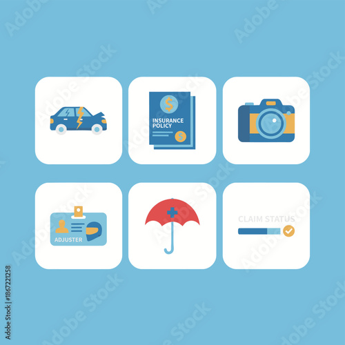 Car insurance claim icons set featuring crashed auto policy document camera adjuster ID card medical umbrella and claim status bar