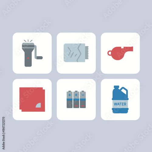 Emergency survival kit items set with crank flashlight emergency blanket whistle red cloth batteries and bottled water for disaster preparedness