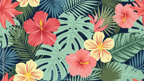Tropical floral seamless pattern vector illustration with vibrant hibiscus flowers and palm leaves on dark blue background