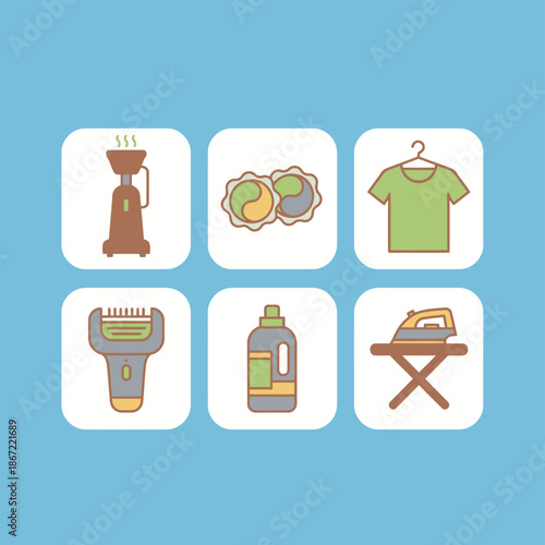 Laundry service and garment care appliance icons with steamer iron board detergent bottle laundry pods t-shirt and electric fabric shaver tool for cleaning