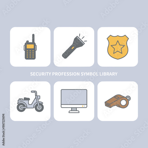 Security profession equipment and monitoring service icons including walkie talkie flashlight badge scooter computer monitor and whistle for public safety protection