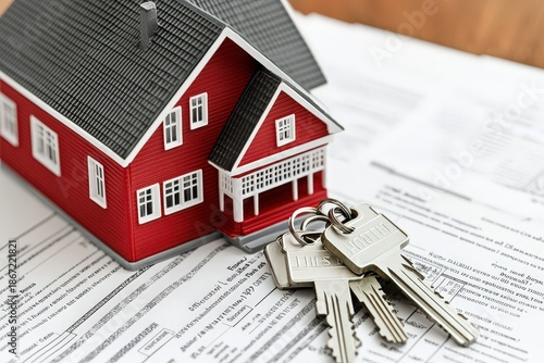 Miniature red house model with keys on paperwork for home purchase