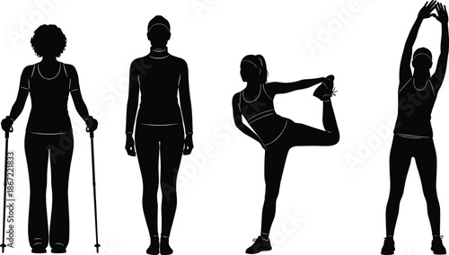 Vector silhouette set of women doing various fitness activities including nordic walking, stretching, and yoga poses, isolated on a white background,
