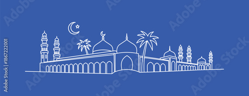 Stylized Silhouette of Mosque with Minarets and Palm Trees on Blue Background