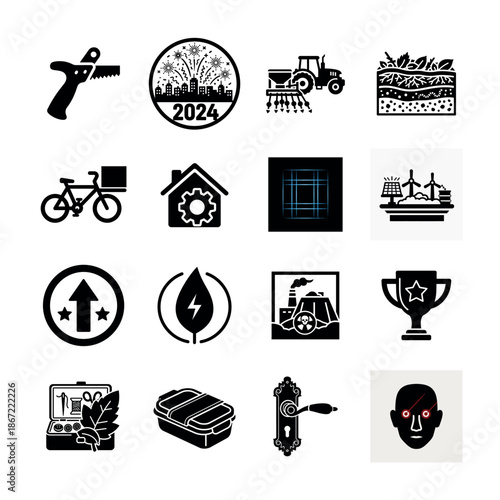 Fitness and sports activity icon set with gym equipment, workout routines, and athletic training symbols for health apps and sports center promotions.