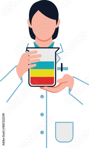 A female chemist in a lab coat holds a colorful test tube, conducting a research experiment. Clean, modern design. Perfect for science, research, and laboratory themes.