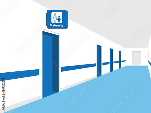 Clean hospital hallway illustration showcasing the maternity wing. Clear signage directs visitors. Modern, bright, and professional design. Ideal for healthcare visuals.