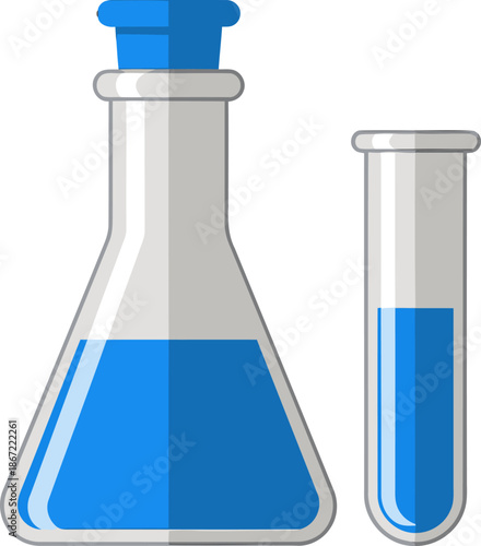 Clean illustration of lab flask and beaker. Modern, flat design. Ideal for chemistry, science, or education visuals. Bright blue liquid adds a pop of color.