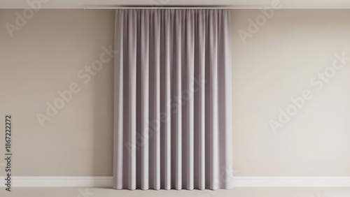 Curtain hanging in front of a beige wall in a room with white trim and a minimalist interior design