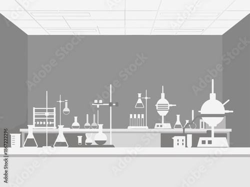 Clean laboratory workstation interior. White schematic equipment illustration on gray wall. Modern, minimalist design. Suitable for science, education, or technology themes.